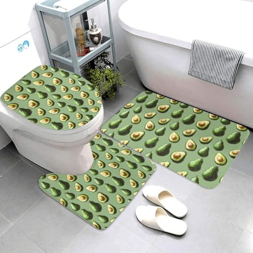 Nevjipu Set di 3 tappeti da bagno con stampa di avocado, assorbenti, antiscivolo, lavabili, a forma di U, morbidi tappetini da doccia per WC e vasca da bagno