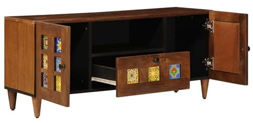 Teenpull Meuble TV en noyer massif de manguier 105 x 33 x 46 cm, avec portes et tiroir, buffet moderne pour salon, rangement polyvalent
