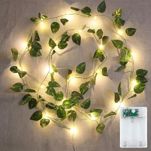 Hiedra Artificial con Luces LED, 2 Metros 20 LED Cadena de Luz con Hojas, Enredaderas Artificiales Decorativas con Lucess, Guirnalda de Hiedra con Luces LEDs para Interior Exterior Jardín Escalera (D)