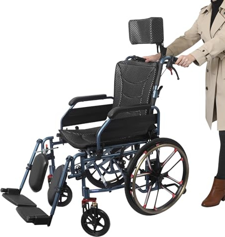 Rollstuhl faltbar leicht bis 100 kg, Breite 59cm, Reise Rollstuhl mit Kopfstütze, für die Wohnung, ideal für Senioren und unterwegs – kompakter, leicht zu transportieren und platzspa