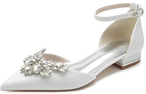 Yhsdfcn Bröllop Glittriga Ballerinaskor med Öppen Sida Spetsig Tå Blommig Kristall och Fotledsrem,White,EU40