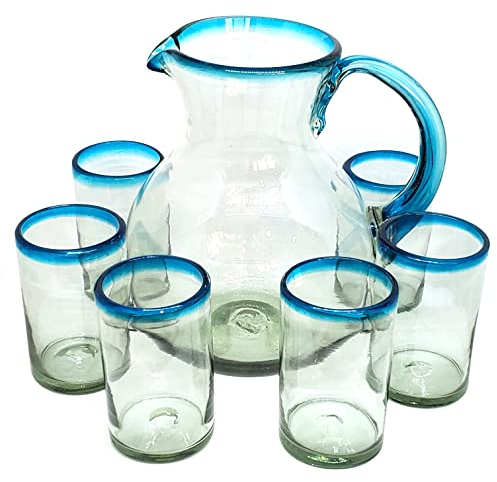 MexHandcraft Krug und 6 Trinkgläser, recyceltes Glas, bleifrei, schadstofffrei (Krug und Gläser)