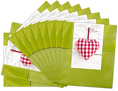 Logbuch-Verlag 25 kleine grüne Papiertüten 9.5 x 14 cm + Aufkleber mit HERZ rot weiß kariert - Mini Geschenktüten Papier Tüten als Verpackung