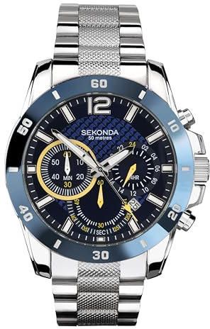 Sekonda Solo Mens Watch – 44mm Sport Chronograph Watch for Men with Silver Stainless Steel Strap, Date Window and Fixed Bezel – 50m Water Resistant – 2 Year Warranty