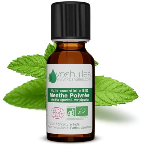 Voshuiles - Huile Essentielle Menthe Poivrée Bio 5ml - Parfum Frais - Nombreuses Vertus et Applications - Huiles Essentielles de Qualité - 100% Pure et Naturelle - HEBBD et Certifiée ECOCERT