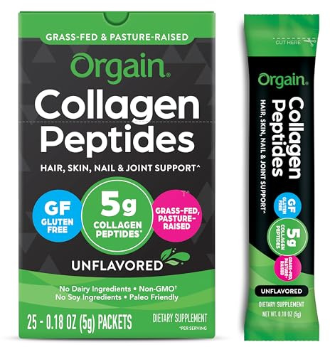 Orgain Hydrolyzed Collagen Peptides Travel Packets For Women & Men - 5g Grass Fed Collagen Per Serving, Hair, Skin, Nail & Joint Support Supplement, Non-GMO, Type I & III - Unflavored (25 Count)