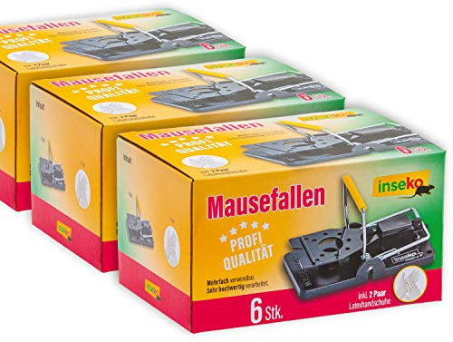 inseko 18x Profi-Mausefallen – Kunststoff/Metall - Wiederverwendbare Schlagfalle – inkl. Handschuhe