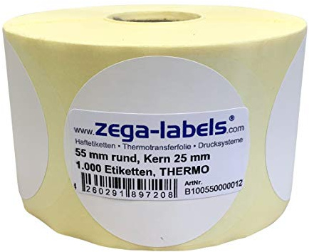 Thermo Etiketten auf Rolle - 55 mm rund - 1.000 Stück je Rolle - Kern: 25 mm - aussen gewickelt - permanent haftend - Druckverfahren: Thermodirekt (Drucken ohne Farbband)
