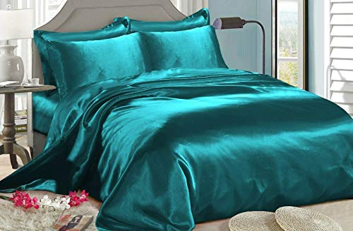 cf 6 Piece Satin SILK Luxury Duvet Quilt Cover 4 Pillowcases Bedding Set Quilted (6 Piece Satin - Teal, King)