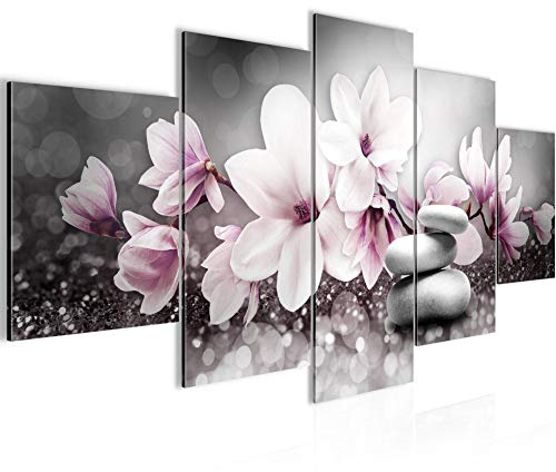 Runa Art - Bilder Blumen Magnolien 200 x 100 cm 5 Teilig XXL Wanddekoration Design Grau Rosa 035451a
