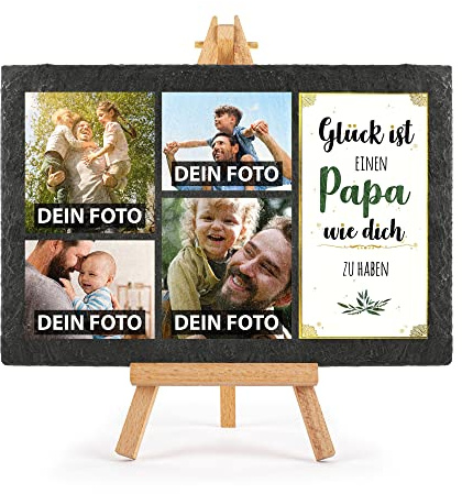 Print Royal Schieferplatte selbst gestalten - mit 4 Fotos bedrucken - Glück ist einen Papa wie dich zu haben - Geschenk Vatertag, Geburtstag, Weihnachten, Schiefertafel mit Staffelei, 20 x 30 cm