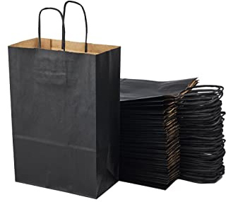Lote de 50 bolsas, negras, de papel kraft, con asas, 20 x 10 x 29,2 cm, para las compras, embalaje de regalo para cumpleaños, Navidad y boda