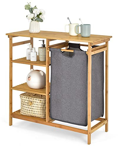 Giantex Bamboo Laundry Hamper Stand, Freestanding Laundry Organizer w/Removable Sliding Bag & 3-Tier Open Shelves, Multipurpose Utility Storage Cabinet for Bathroom, Living Room, Bedroom, Natural
