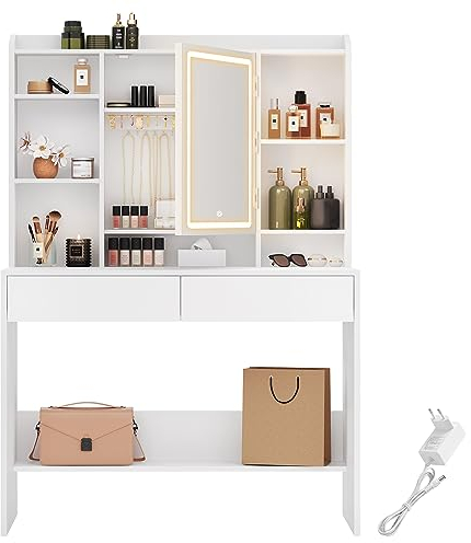 VASAGLE Kailyn Kollektion - Schminktisch mit LED-Beleuchtung, 3 Farben mit Einstellbarer Helligkeit, Frisiertisch mit Spiegel, mit verstellbaren Ablagen, 2 Schubladen, weiß RDT123T14