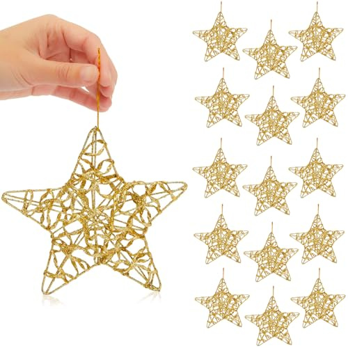 16 pc Christmas Tree Star Ornament Set - 3.15 Gold Glitter Pentagrams