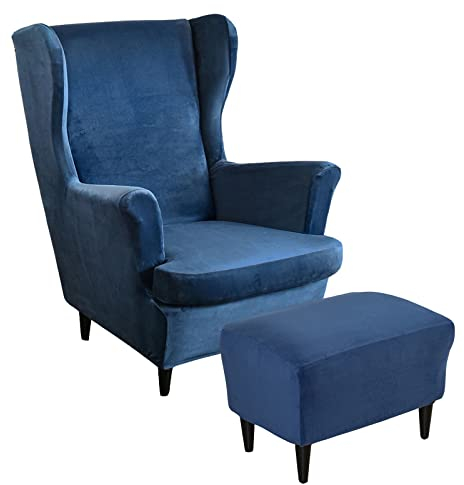 JHLD Samt Stretch Husse für Ohrensessel Mit Ottomane Schonbezug, Ohrensessel Schonbezug Mit Ottomane Bezug Mit elastischem Boden Sesselbezug Für Hunde -Navy blau-3 Stück