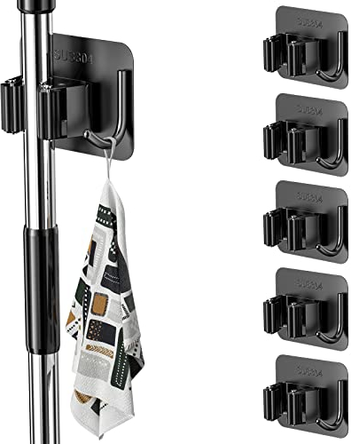 Relota 6 Stück Besenhalterung Wand Selbstklebend, Gerätehalter Wandhalterung 304 Edelstahl, Haken Besenhalter Ohne Bohren, Mop Halter, Gartengerätehalter für Küche, Schränke, Garage, Garten (Schwarz)