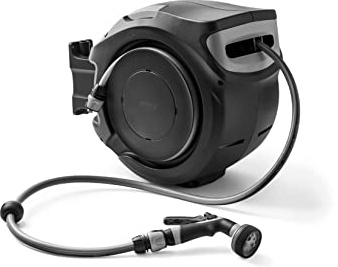 G.F. SRL, REWALL Globo Avvolgitubo Automatico a Parete per l'Irrigazione del Giardino, con 20 Metri di Tubo, Orientabile 180°, con Pistola Irrigazione 8 getti, Prodotto nel Regno Unito, Grigio Scuro