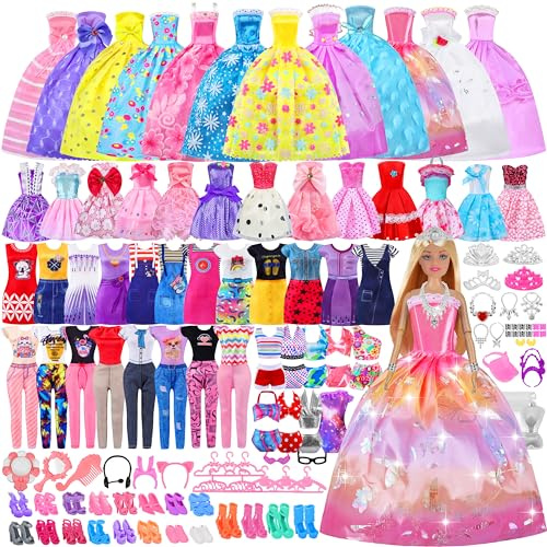 135 Pcs Doll Clothes and Accessories with Doll, Princess Gowns, Fashion Dresses, Slip Dresses, Top, Pants, Jumpsuit, Swimsuits, Shoes, Hangers, Doll Dress up Toys for Girls Kids Toddlers Toy Gifts