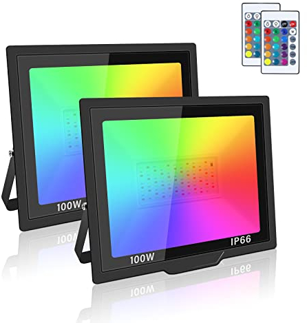Willpower 2pcs 100W RGB LED Flood Light Outdoor Color Changing Stage Lights Indoor Floodlights Floor Lamp Party Uplight for Garden Courtyard Landscape Christmas, IP66, Remote Control, 175-265V