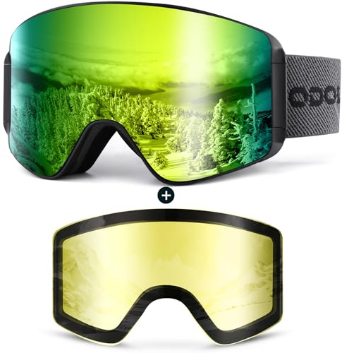 Odoland Kit de Gafas de Esquí con Lente Removible, Lentes Magnéticos Intercambiables sin Marco, Gafas de Nieve Antivaho con Protección UV, BE