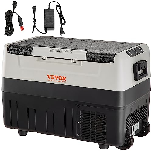 VEVOR Camping Kühlschrank 35 L Kühlbox, 12/24 V Rollbare Elektrische Gefrierbox 2 in 1 Doppelzone, Auto Kühlschrank Kompressor zum Warmhalten und Kühlen 60 W Tragbar Handgriff Boot, Lkw, Mobil Grau
