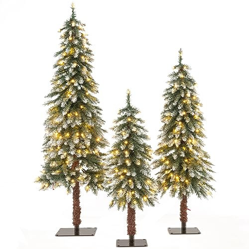 DREAMADE Künstliche Weihnachtsbäume Set, 90/120/150 cm Tannenbaum mit 50/100/150 LED-Lichtern, Kunstbaum Set für Weihnachtsdeko, Christbaum mit Schnee