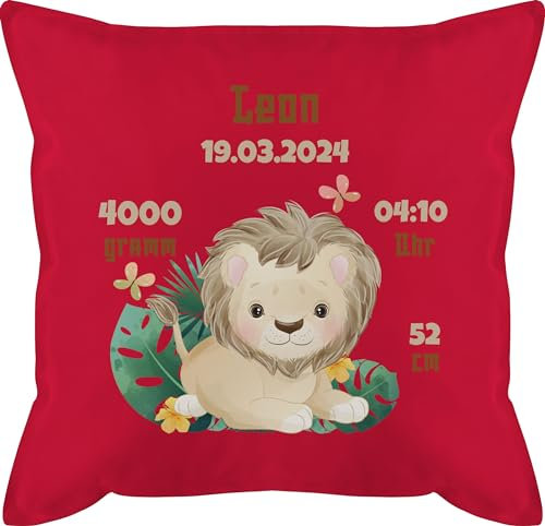 Kissen 50x50 - Zur Geburt - Geburtsgeschenk Löwe Datum Gewicht Uhrzeit Größe - 50 x 50 cm - Rot - geburtsgeschenke geburtskissen personalisierte baby daten männerkissen junge