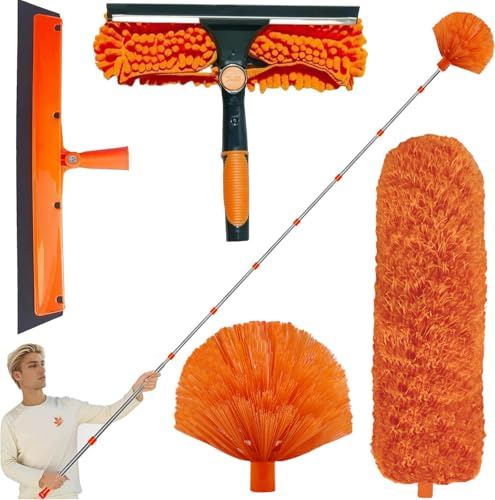 Tockrop Kit de plumeau Haute portée de 6 m avec rallonge de 1,5 à 4,9 m, plumeau en Toile d'araignée avec Perche télescopique, raclette de fenêtre avec Brosse à récurer, Brosse en Toile d'araignée,