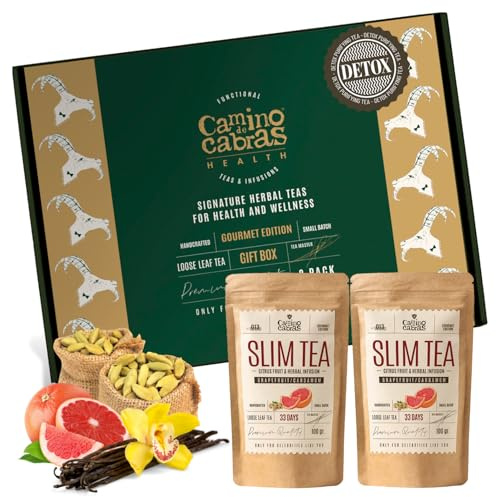 Caja Regalo SLIM TEA POMELO - Quemagrasas Potente para Adelgazar - Detox - Té Verde, Matcha, Jengibre, Mate, Ortiga, Cola de Caballo, Diente de Leon, Cardamomo - Antioxidante Natural, 2 PACK x 100g