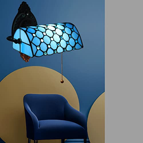 BOTOWI Banker Wandleuchte Wandleuchter, Buntglas Banker Lampe Retro Leselampe Wandleuchte Mit Zugdrahtschalter Einstellbarer Lampenschirm, Hotelzimmer Nachttischlampe,Blau