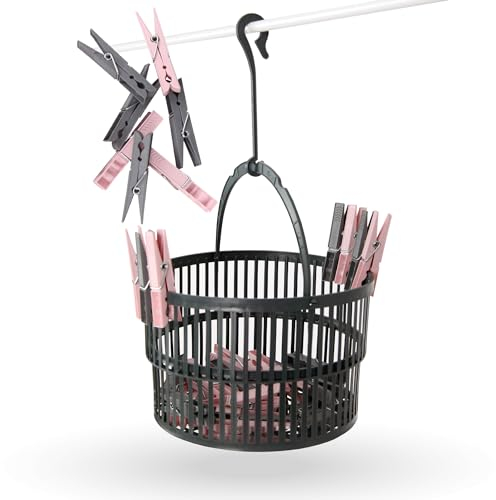 Pro Home Cesto telescopico in antracite (7 cm x 19 cm) con 30 mollette rosa e antracite - Stendibiancheria