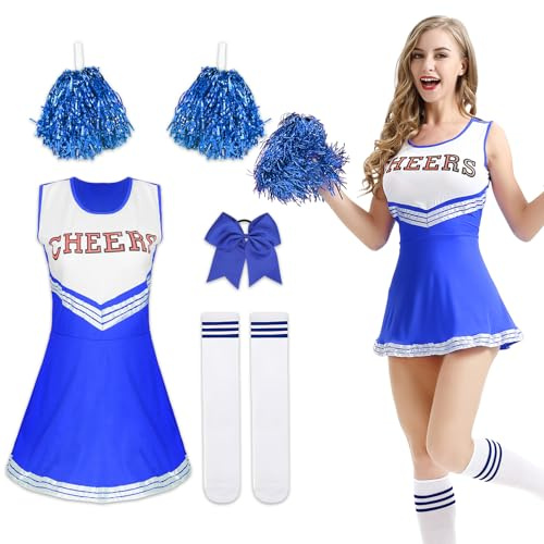 Cheerleader-Kostüm für Damen, Cheerleader-Kostüm mit Bommel, Cheerleader-Uniform, Halloween-Kostüm für Erwachsene für Cosplay-Partys für Mädchen (Blau, L)