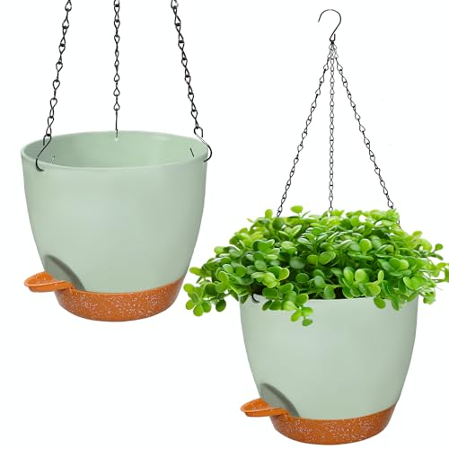 iDattel Blumentopf hängend Mit Bewässerungssystem,2er Set 20.5cm Blumenampel Plastik außen innen,Selbstbewässernd hängetopf für Pflanzen mit 3Hook für Innen Außen Decken Balkone Wanddekoration(Grün)