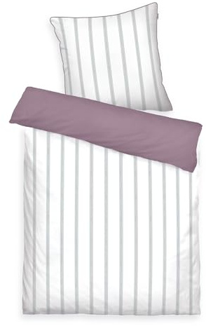 Tom Tailor Satin-Bettwäsche, 60x80 cm + 140x200 cm, 100% Baumwolle/Satin, mit Farbiger Paspel am Kissen, Wendemotiv und Markenreißverschluss, Classic Satin Stripes Weiß, Lila (Cozy Mauve, Fresh Sage)
