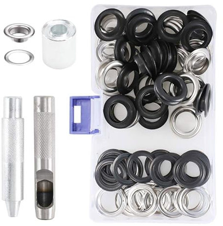 Luabue 103Pcs 14mm Eyelet Punch Kit Grommet Tool Kit Large Silver Black Eyelet and Punch Tarpaulin Eyelet Kit with Grommet Setting Tool for Fabric Curtains Leather Belt Crafts Making (Black&Sliver)
