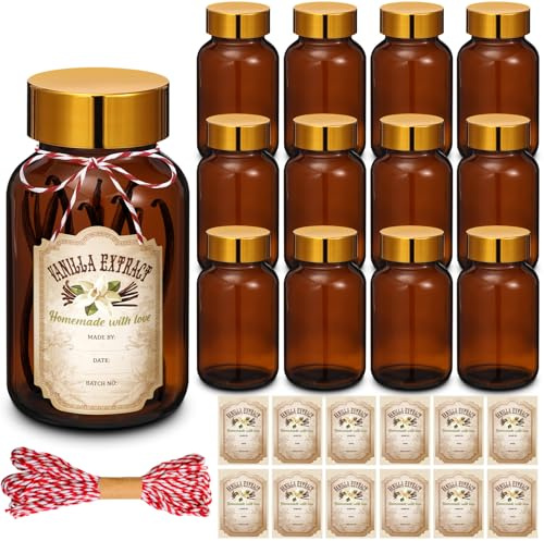 Suclain Paquete de 12 botellas de vidrio ámbar Boston redondas con tapas doradas, botellas de extracto de vainilla marrón de boca ancha y 12 calcomanías de extracto de vainilla para regalo de jarabe,