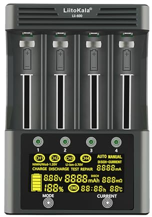 Glaxcidy LiitoKala Lii-600 Cargador de Batería con Pantalla Táctil LCD, Salida móvil USB de 5 V, para Baterías de Ion de Litio 14550 18490 18650 26650 AA AAA SC Ni-MH Ion de Litio, 12V 5A, 4 Bahías