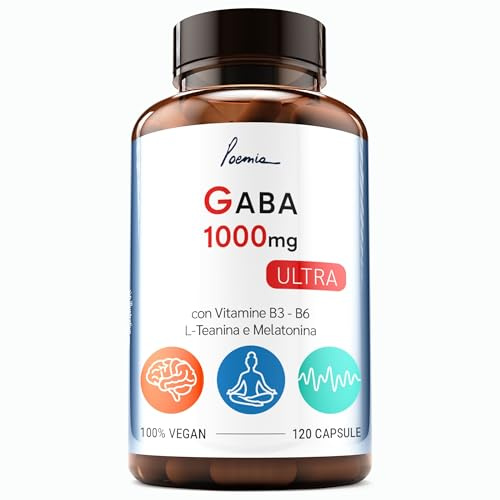 GABA Integratore 1000 mg, L-Teanina Vitamine B3 e B6, 2 mesi Poemia | 120 capsule per sonno, rilassamento fisico mentale e concentrazione