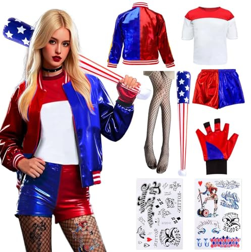 Kitimi Costume Suicide per adulti, Harle Quin, costume da Joker con mazza da baseball, tatuaggio, giacca joker, maglietta, guanto, calze a rete, per carnevale, Halloween, cosplay, feste, Colore: rosso