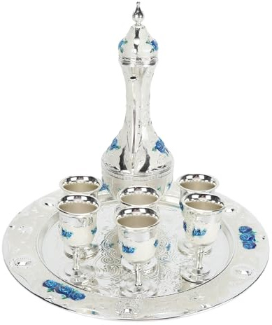 Vintage Turkish Coffee Pot Set for 6 Including Tray and Teapot, Zinc Alloy Elegant Turkish Tea Set for Home Party Banquet Wedding, Tea Service Set(4#) (Sliver White Blue)