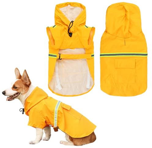 Amexo Hunderegenmantel mit Reflektierenden Streifen Wasserdichter Hundemantel mit Kapuze Verstellbare Regenjacke mit Kragenloch für Kleine Mittelgroße und Große Hunde (L)
