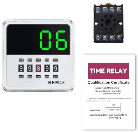 Rele 220V Rele temporizador 24V 0,1S-99H CC/CA 24-240V Relé con pantalla LED digital de 8 pines + base (retardo/rearme/pausa) BEM48S-1Z luz verde.