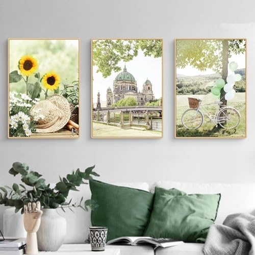 3 Stück Poster Set, Modern Grün Landschaft Bilder Poster & Kunstdrucke, Frühling Sonnenblume Windmühle Bauernhaus Kirche Leinwand Wandbilder für Wohnzimmer Schlafzimmer, Ohne Rahmen (40x50cm,ABC)
