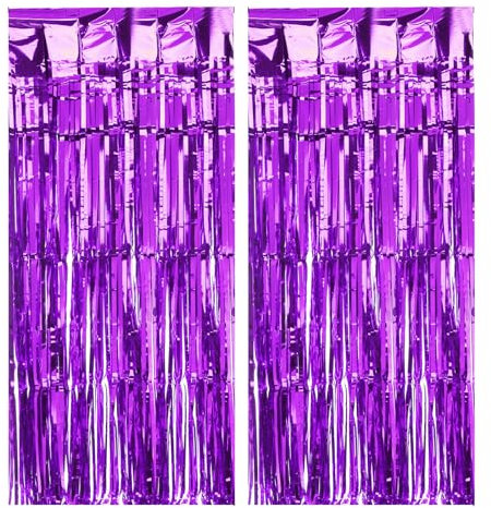 QUARKZMAN 2 Stück Lila Lametta Vorhang Hintergrund, 3,3ft x 8,2ft Metallische Folienfransen Vorhänge Türstreamer für Geburtstagsabschlussverlobungsfeierdekorationen