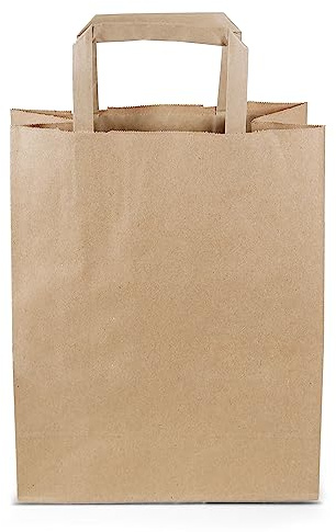 Commerline 50 Stück Braun Papiertüten mit Henkel, 22+10x36 cm, Geschenktüten für Verpackungen und Geburtstag, Papiertaschen Groß für Einkaufen, Tüten aus Kraftpapier