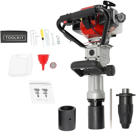 Fridgestea Benzin Pfahlramme 32.7cc 2-Takt Motor 1000W mit Rammgerät & Erdbohrer Funktion, Inkl. 55-70mm Hülsen & Meißel - Benzin Erdbohrer und Zaunbau Pfostentreiber für Landwirtschaft & Gartenbau