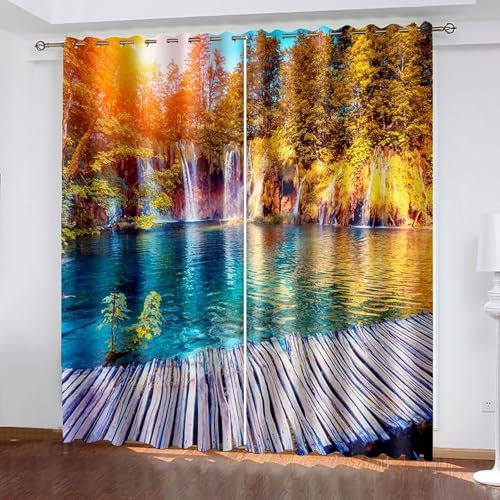Mesnt Thermovorhang mit Ösen, 132x229cm Mehrfarbig Sonne, See, Bäume und Holzbrücke Thermal Curtains Blackout Vorhang Wärmeisolierend