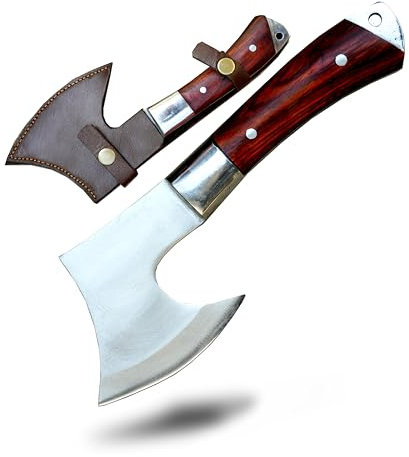 Handgeschmiedete Tomahawk-Axt | 30,5 cm Jagd- & Campingbeil | Klinge aus Karbonstahl | Vollzapfen, wassertemperiert, rasiermesserscharf | Palisandergriff mit Lederscheide