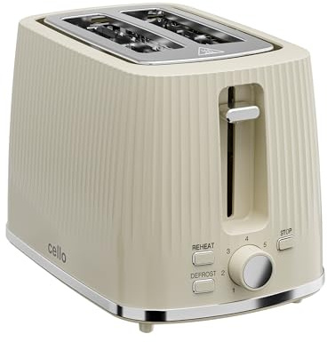 Cello 850W Cream 2 Slice Toaster with Wide Slots & 7 Browning Levels, High Lift, Crumb Tray, Cord Storage, Bread Toaster with Illuminated Cancel-Reheat-Defrost Controls